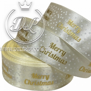 Атлас 2.5 см "Merry Christmas в горошок", молочний