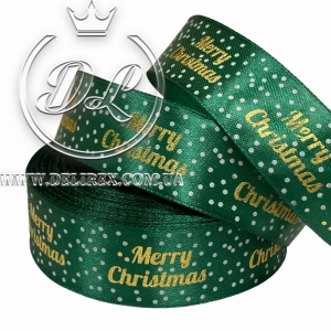 Атлас 2.5 см "Merry Christmas в горошок", темно-зелений
