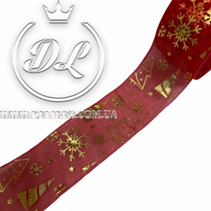 Органза 4 см "Merry Christmas сніжинки, ялинки", червона