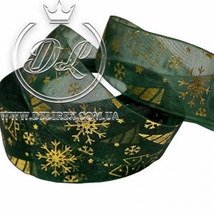 Органза 2.5 см "Merry Christmas сніжинки, ялинки", темно-зелена