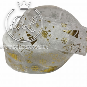 Органза 2.5 см "Merry Christmas сніжинки, ялинки", біла