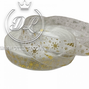 Органза 1.2 см "Merry Christmas сніжинки, ялинки", біла