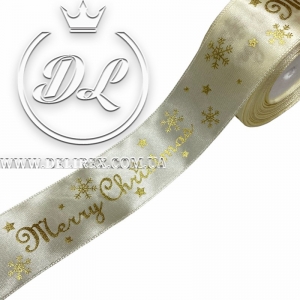 Атлас 4 см "Merry Christmas СНІЖИНКА", молочний