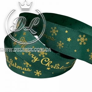 Репс 2.5 см "Merry Christmas СНІЖИНКА", темно-зелений