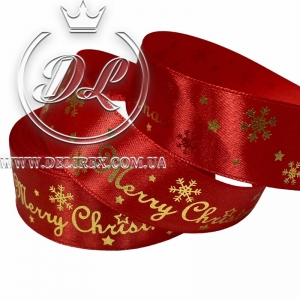 Атлас 2,5 см "Merry Christmas СНІЖИНКА", червоний