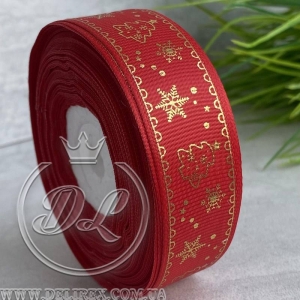 Репс 2.5 см ялинка зі сніжинками, на червоному