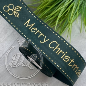 Репс 4 см Merry Christmas з пуансетією, на темно-зеленому