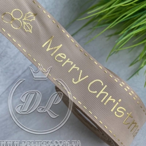 Репс 4 см Merry Christmas з пуансетією, на золотистому