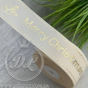 Репс 4 см Merry Christmas з пуансетією, на молочному
