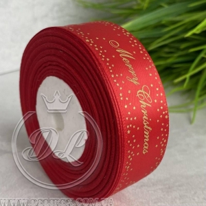 Атлас 2.5 см Merry Christmas ( зірочки ), червоний