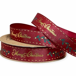 Репс  новорічний 1.5 см , Merry Christmas шитий кант на темно-червоному  (D30359-037)