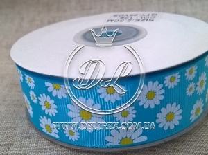 Репс "Ромашки" 2.5 см, на бірюзовому