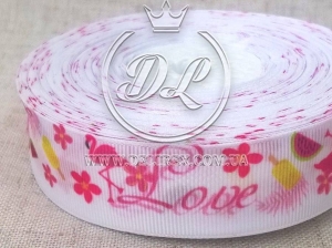 Репс 2.5 см, Love + Фламінго на білому NEW