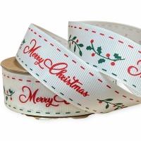 Репс  новорічний 2.5 см , Merry Christmas шитий кант  на молочному  (D30350-008)