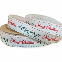Репс  новорічний 1.5 см , Merry Christmas шитий кант  на молочному  (D30349-008)