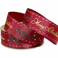 Репс  новорічний 2.5 см , Merry Christmas шитий кант на темно-червоному  (D30360-037)