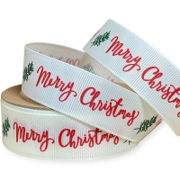 Репс  новорічний 2.5 см , Merry Christmas на молочному  (D30352-008)